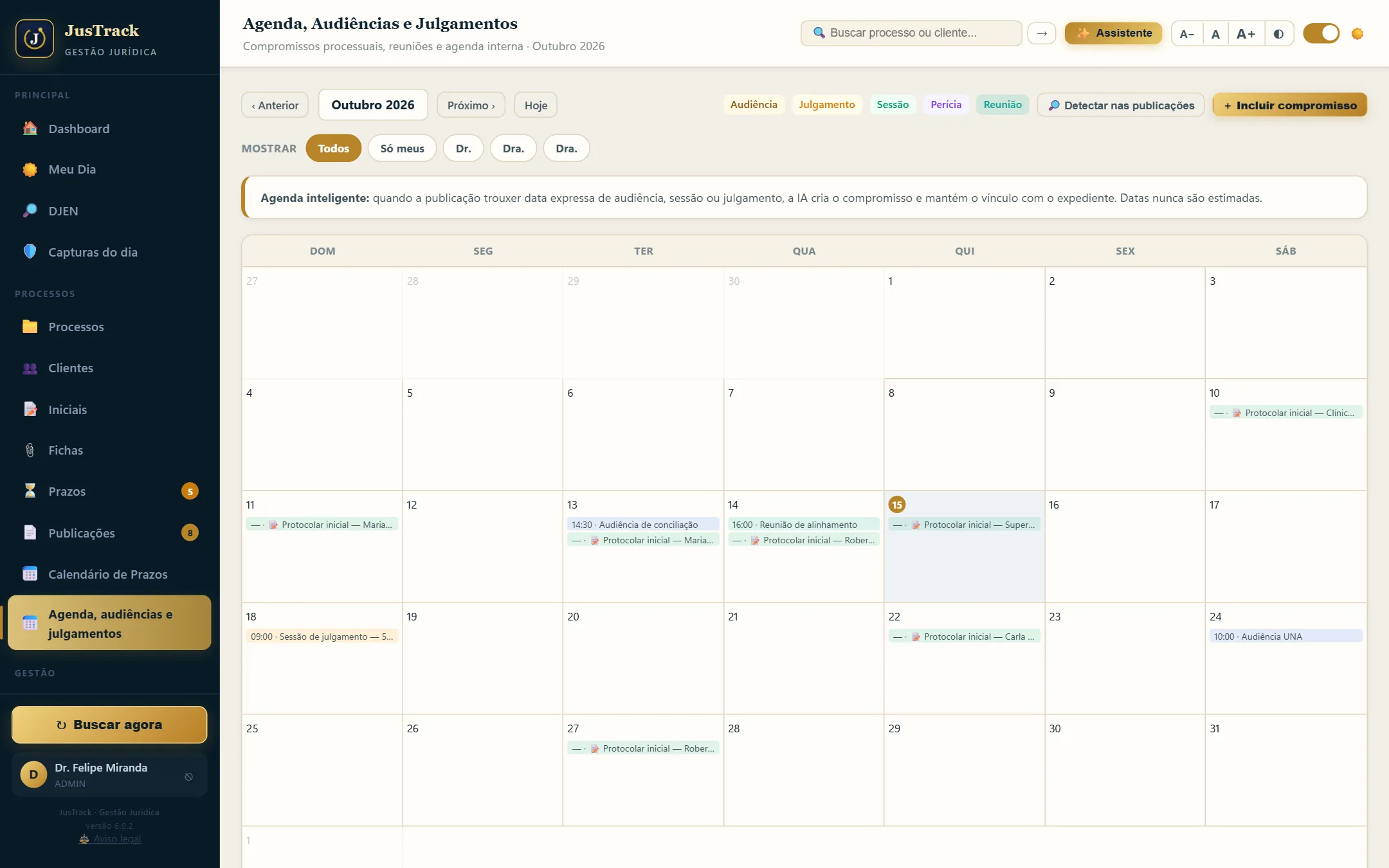 Agenda, audiências e julgamentos no JusTrack