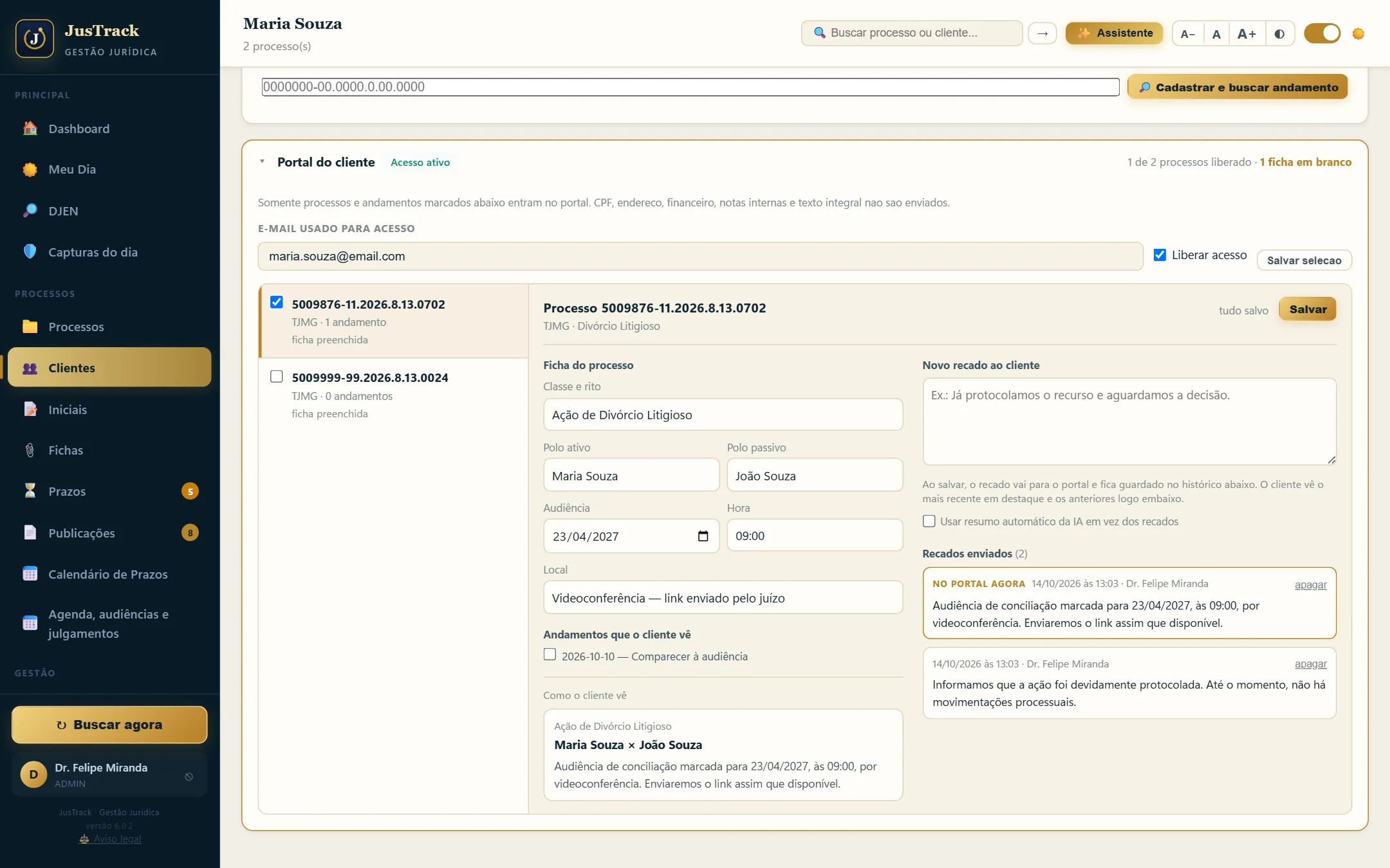 Portal do cliente no JusTrack
